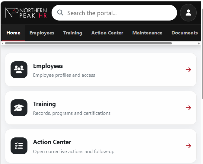 Northern Peak HR employee portal showing platform tools and navigation